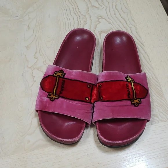 Prada Pink and Red Velvet Sandals - Picture 2 of 3